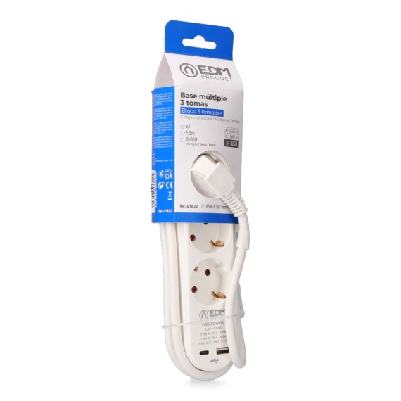 Prolongador con 3 tomas 2p+t schuko, con interruptor, 2 usb a + c, 16 a 250 v, cable h05vv-f, 3g1,5mm² de 1,5 m, blanco