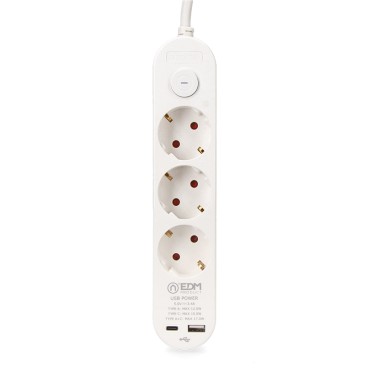 Prolongador con 3 tomas 2p+t schuko, con interruptor, 2 usb a + c, 16 a 250 v, cable h05vv-f, 3g1,5mm² de 1,5 m, blanco