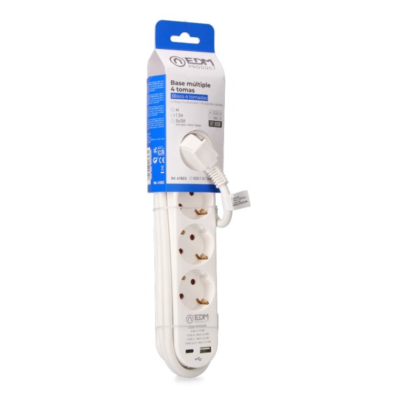Prolongador con 4 tomas 2 p+t schuko, con interruptor, 2 usb a + c, 16 a 250 v, cable h05vv-f, 3g1,5mm² de 1,5 m, blanco