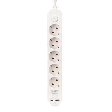 Prolongador con 5 tomas 2p+t schuko, con interruptor, 2 usb a + c, 16 a 250 v, cable h05vv-f, 3g1,5mm² de 1,5 m, blanco