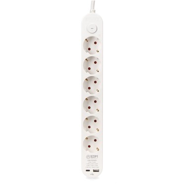 Prolongador con 6 tomas 2 p+t schuko, con interruptor, 2 usb a + c, 16 a 250 v, cable h05vv-f, 3g1,5mm² de 1,5 m, blanco