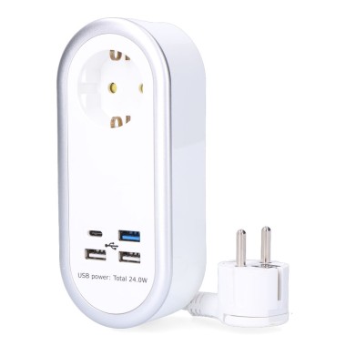 Prolongador con 1 toma 2p+t schuko, 4 usb (3 x a + 1 x c), 16 a 250 v, cable h05vv-f, 3g1,5mm² de 1,5 m, blanco