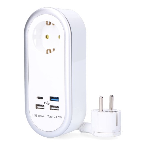 Prolongador con 1 toma 2p+t schuko, 4 usb (3 x a + 1 x c), 16 a 250 v, cable h05vv-f, 3g1,5mm² de 1,5 m, blanco