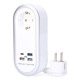 Base aérea 1 toma 2p+t schuko, 4 usb (3 x a + 1 x c), 1,5 m de cable h05vv-f 3g1,5 mm², 16a 250v~, blanca