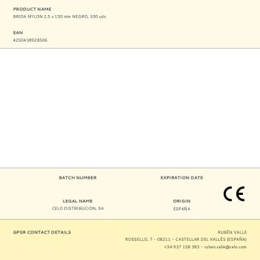 Brida nylon 2,5 x 150 mm negra, 100 uds