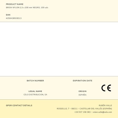 Brida nylon 2,5 x 200 mm negra, 100 uds