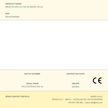 Brida nylon 7,6 x 750 mm negra, 50 uds
