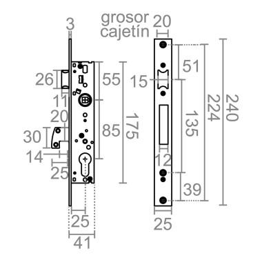 Cerradura embutir c/c cre10 25/85 mm inox