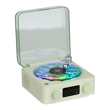 Altavoz bluetooth en forma de tocadiscos, con reloj, ruido blanco y luz rgb, colores surtidos
