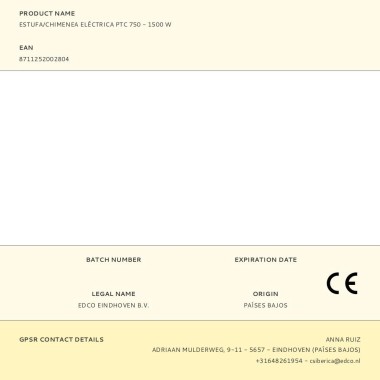 Estufa/chimenea eléctrica ptc 800 - 1500 w