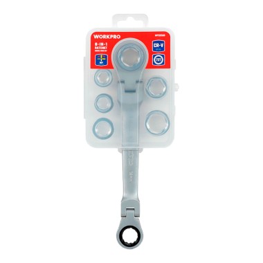 Llave de estrella cr-v doble con carraca articulada, 6 bocas intercambiables, 14 x 19 mm, 7 piezas