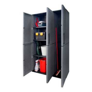 Armario alto con estantes y portaescobas línea easy de polipropileno gris oscuro 102 x 370 x 163 cm