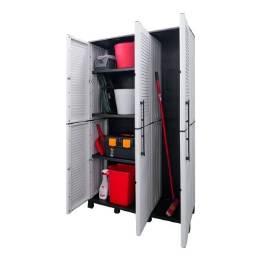 Armario alto con estantes y portaescobas línea family de polipropileno gris claro, 102 x 37 x 169 cm