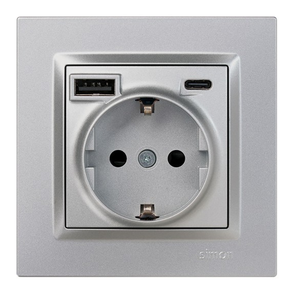 Base enchufe schuko + usb a + c 10,5 w 16 a 250 v~, simon 10, aluminio