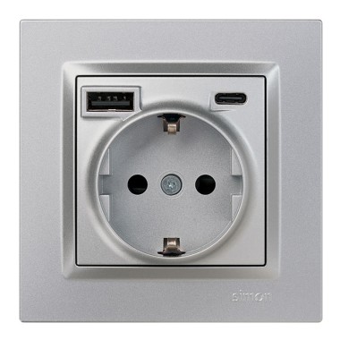 Base enchufe schuko + usb a + c 10,5 w 16 a 250 v~, simon 10, aluminio