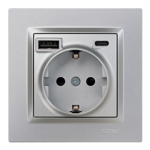 Base enchufe schuko + usb a + c 10,5 w 16 a 250 v~, simon 10, aluminio