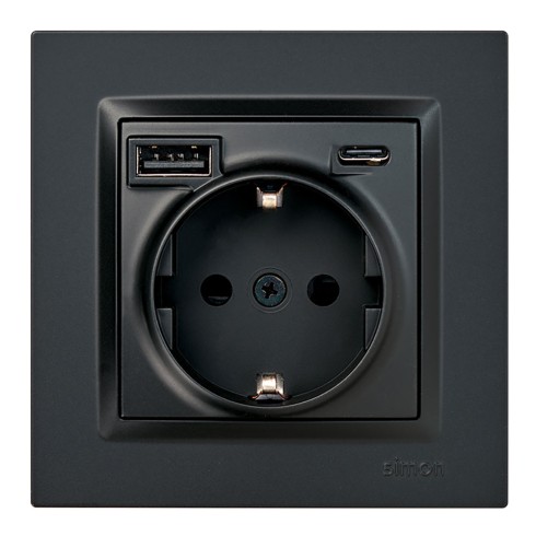 Base enchufe schuko + usb a + c 10,5 w 16 a 250 v~, simon 10, negro