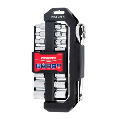 Juego carraca y vasos 3/8 pulg, soporte giratorio, 20 piezas, (métrico-sae)