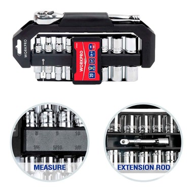 Juego carraca y vasos 3/8 pulg, soporte giratorio, 20 piezas, (métrico-sae)