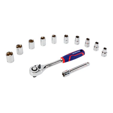 Juego de carraca y vasos ½ pulg acabado brillo, 12 piezas, (métrico)