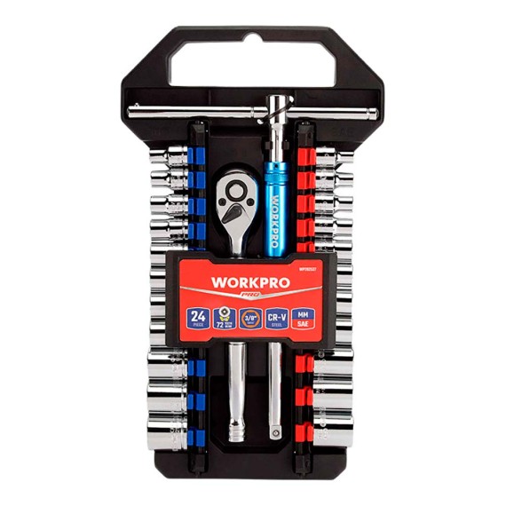 Juego de carraca y vasos 3/8 pulg, 24 piezas, (métrico-sae)