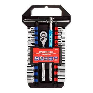 Juego de carraca y vasos 3/8 pulg, 24 piezas, (métrico-sae)