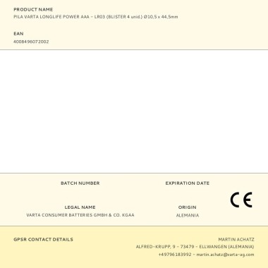 Pila alikalina longlife power aaa - lr03, blister 6 uds, ø10,5 x 44,5 mm