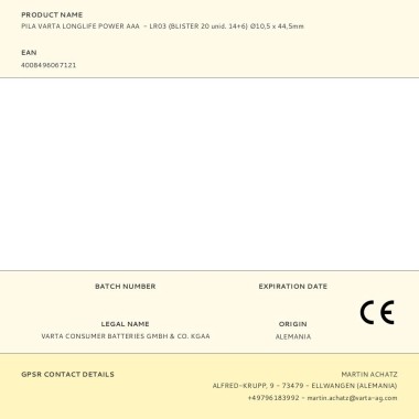 Pila alkalina longlife power aaa - lr03 blister 20 uds, 14 + 6, ø10,5 x 44,5 mm