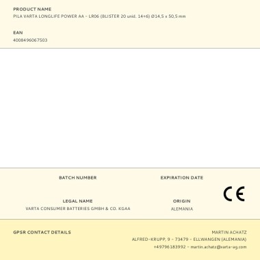 Pila alkalina longlife power aa - lr06 (blister 20 unid. 14+6) ø14,5 x 50,5 mm