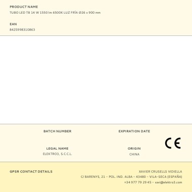 Tubo led t8, 14 w, 1550 lm, 6500 k, luz fría, ø26 x 900 mm