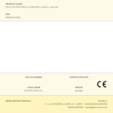 Pila litio cr123 3 v ø17 x 34,5 mm blister