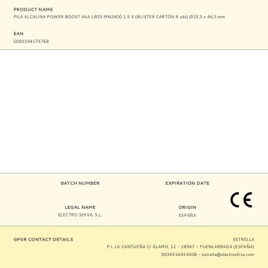 Pila alcalina power boost aaa lr03 mn2400 1,5 v ø10,5 x 44,5 mm blister 8 uds