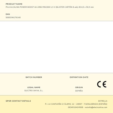 Pila alcalina power boost aa lr06 mn1500 1,5 v ø14,5 x 50,5 mm blister 8 uds
