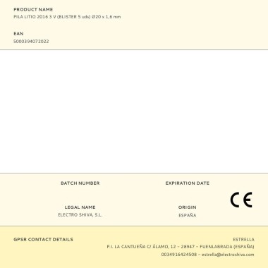 Micro pila de botón litio cr2016 3 v ø20 x 1,6 mm blister 5 uds