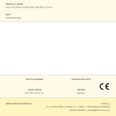 Micro pila de botón litio cr2025 3 v ø20 x 2,5 mm blister 5 uds