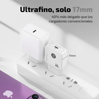 Cargador rápido gan 20 w, usb-c, blanco