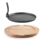 Plato hierro fundido ø26 cm + base madera de haya 34 x 30 x 2,5 cm