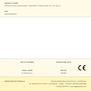 Expositor eko cargadores, contiene 27 productos, 40 x 15 x 60 cm