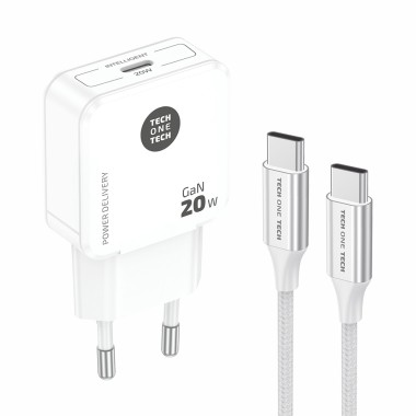 Cargador rápido gan 20 w + cable usb-c blanco
