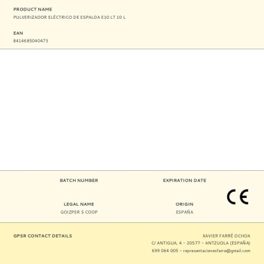 Pulverizador eléctrico mochila e10 lt 10 l