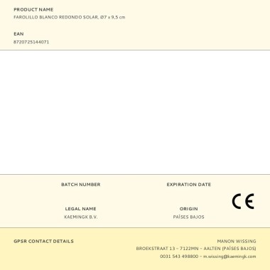 Farolillo blanco redondo solar, ø7 x 9,5 cm