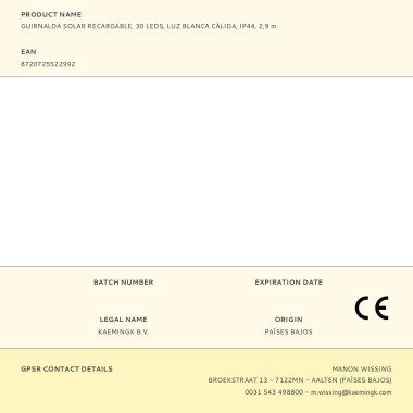 Guirnalda solar recargable, 30 leds, luz blanca cálida, ip44, 2,9 m