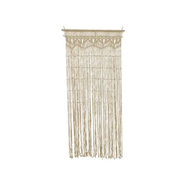 Cortina para puerta de macramé beige y barra de bambú claro 90 x 200 cm