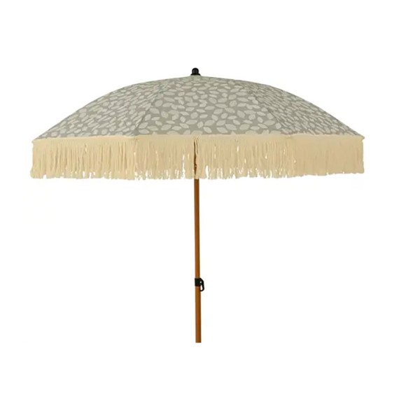 Parasol para jardín ø180 cm, verde con diseño de hojas y flecos beige