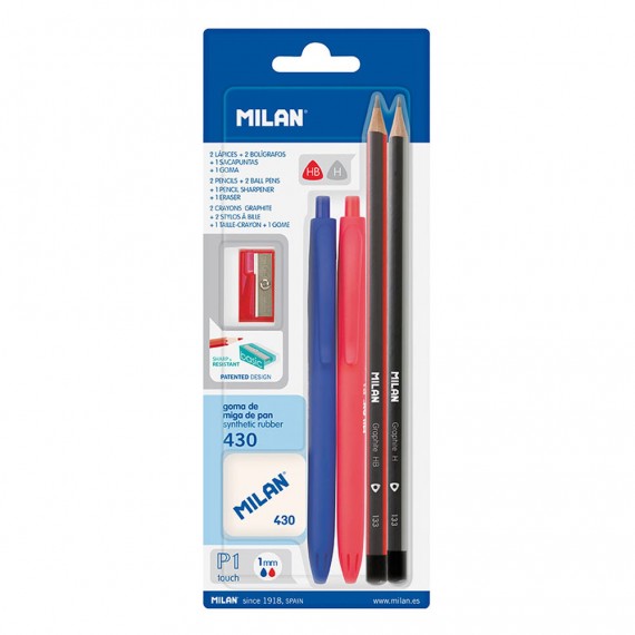 Blister 2 bolígrafos p1 (azul/rojo), 2 lapices grafito hb y h, goma 430 y sacapuntas milan