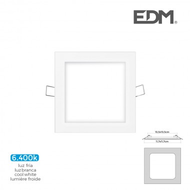 Mini downlight led edm 6w 320 lumen  cuadrado 12cm 6.400k marco blanco