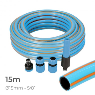 Kit manguera de jardin profesional interior ø15mm exterior ø20mm (5/8") 15m con accesorios pvc edm