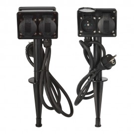 Base múltiple, 2 uds, 2 tomas schuko estaca jardin, con tapas, ip44 negra