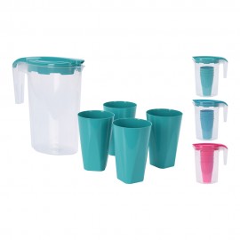 Jarra con 4 vasos, plástico, colores surtidos