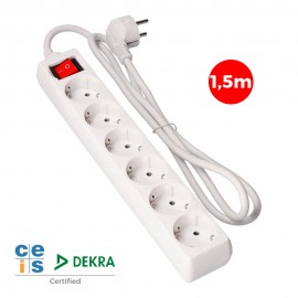 Base múltiple 6 tomas 2p+t con interruptor luminoso, 16 a 250 v~ 1,5 m de cable h05vv-f 3 g 1,5 mm² blanca